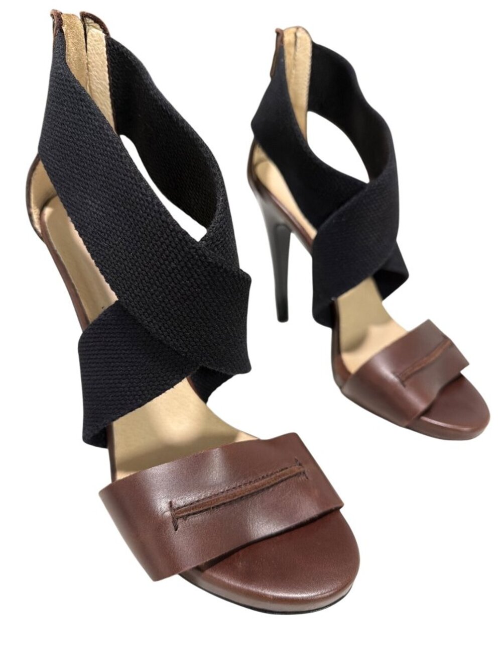 CNC Costume National Brown Leather & Black Canvas Strappy Heels Size 37 US 7
